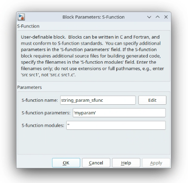 S Function parameter dialog with string parameter