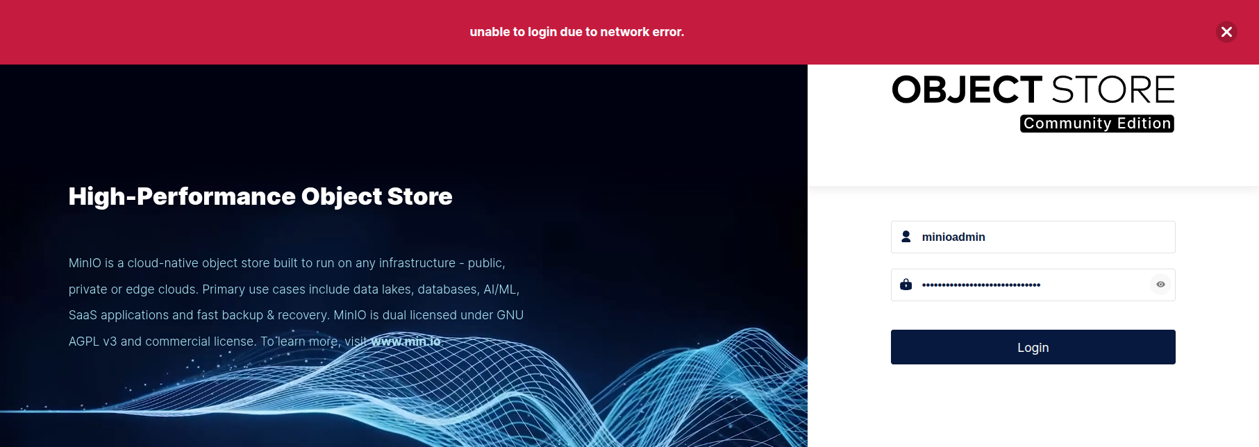 MinIO Unable to login due to network error