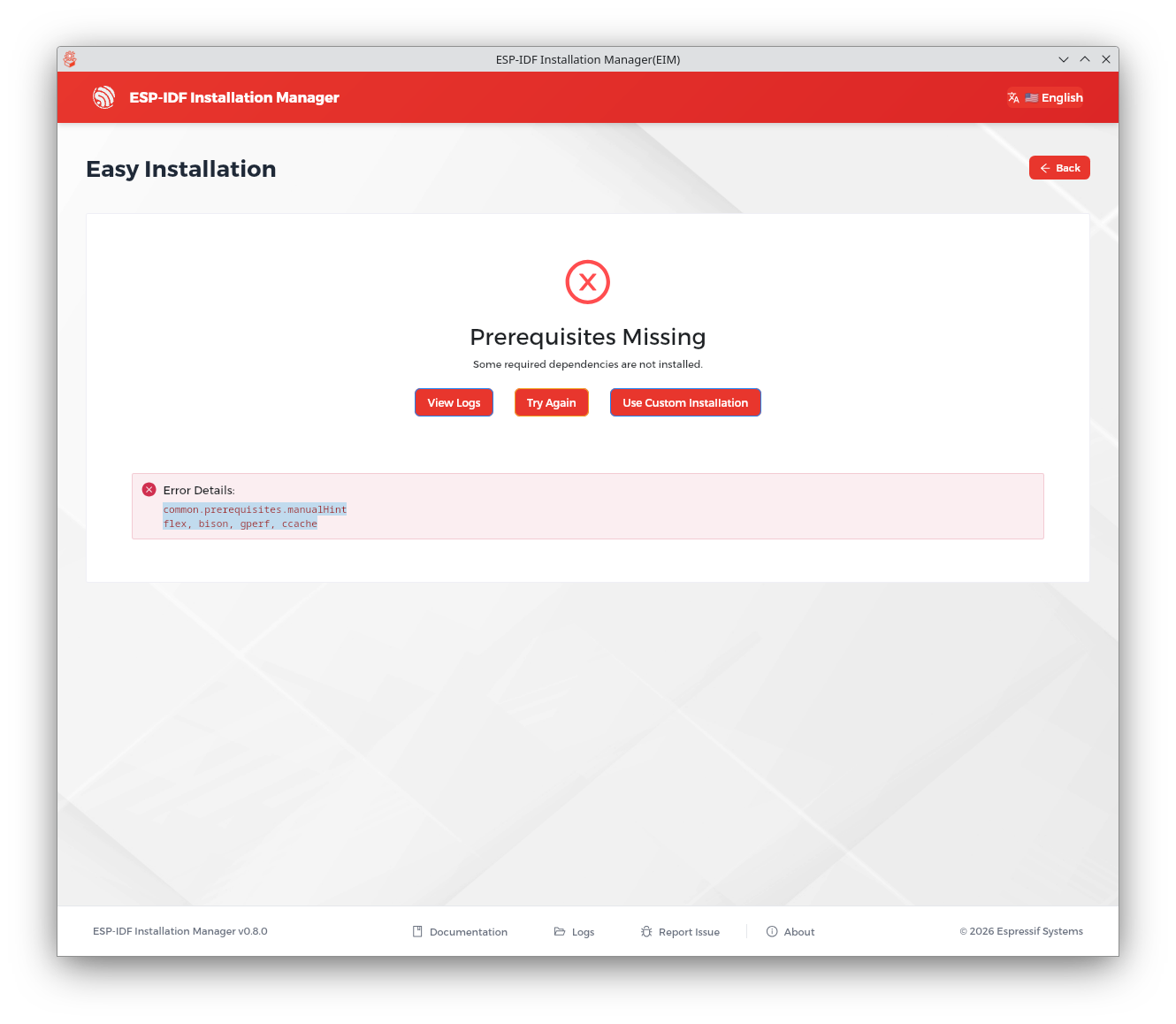 ESP IDF Install Manager Error Prerequisites
